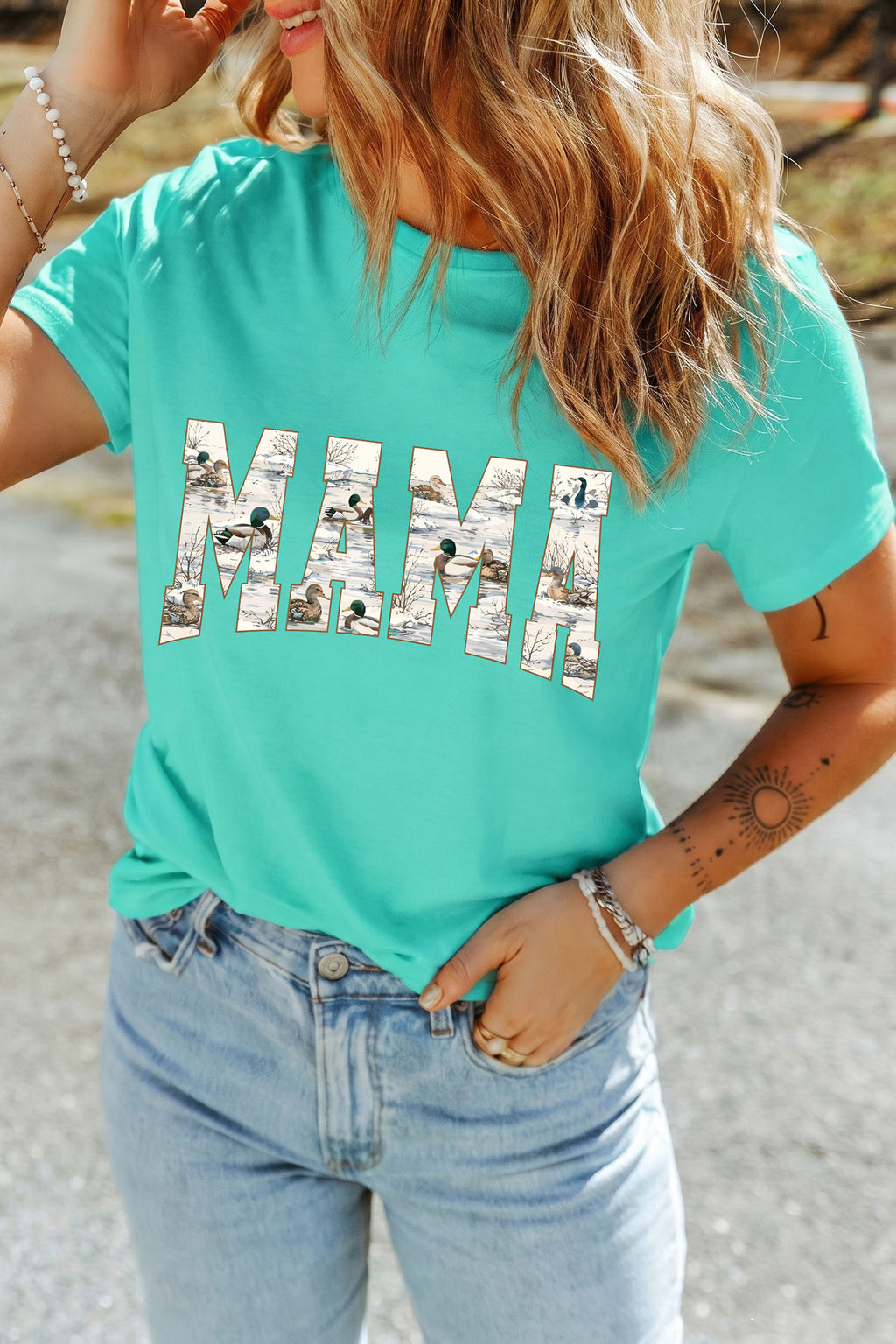 Mint Green Mallard Duck Print MAMA Lettering Graphic T Shirt