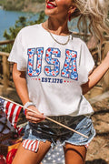 White USA Floral Print EST 1776 Patriotic Graphic Tee