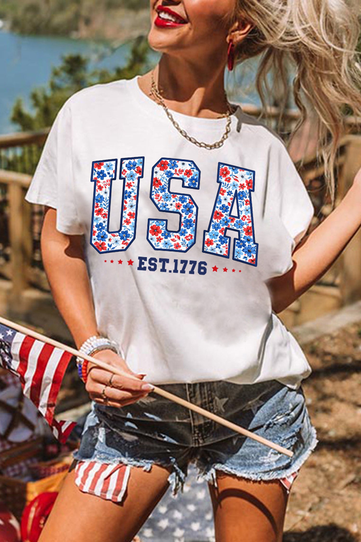 White USA Floral Print EST 1776 Patriotic Graphic Tee