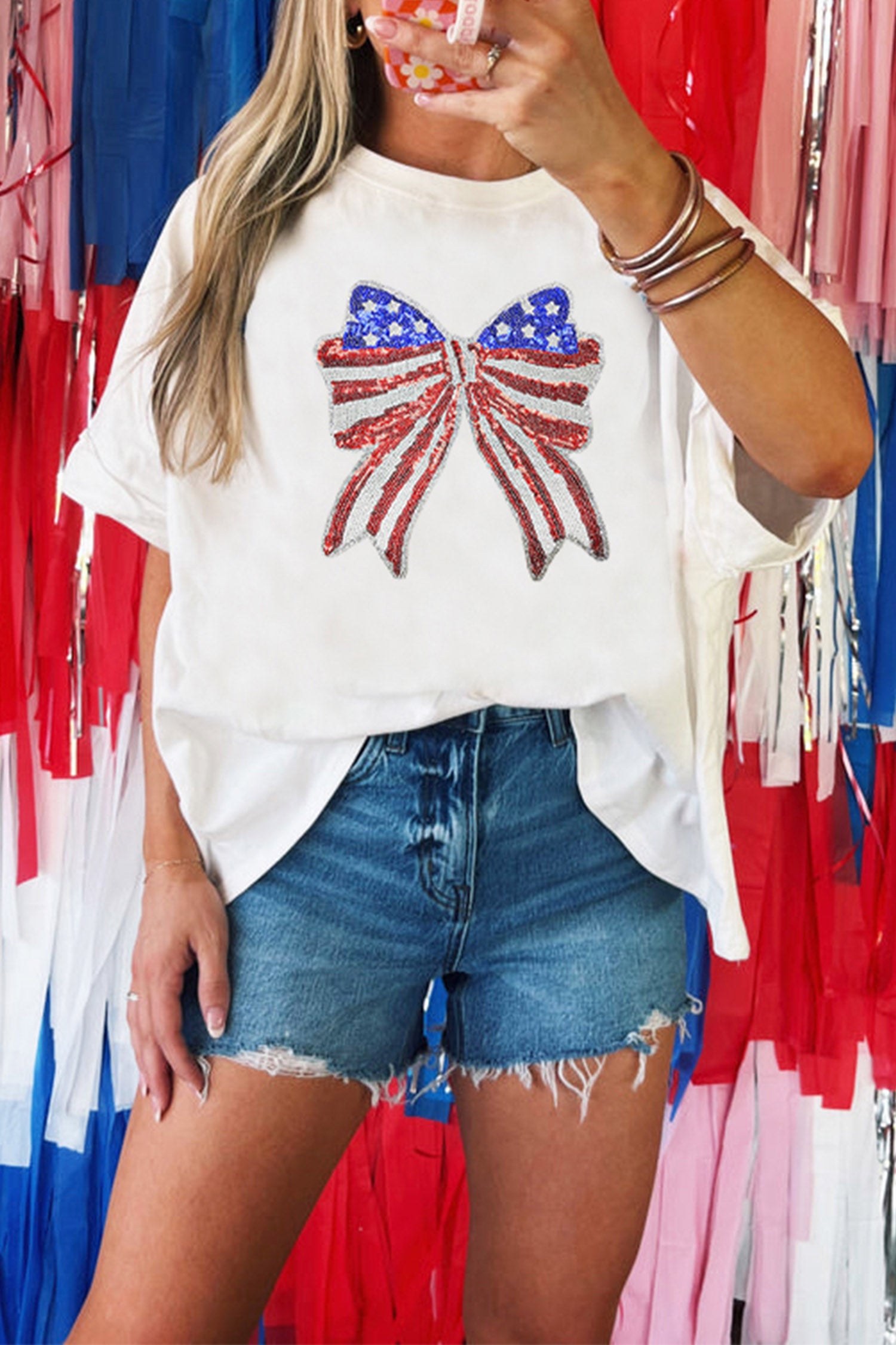 White Patriotic Sequin Bow Graphic Oversized Tee