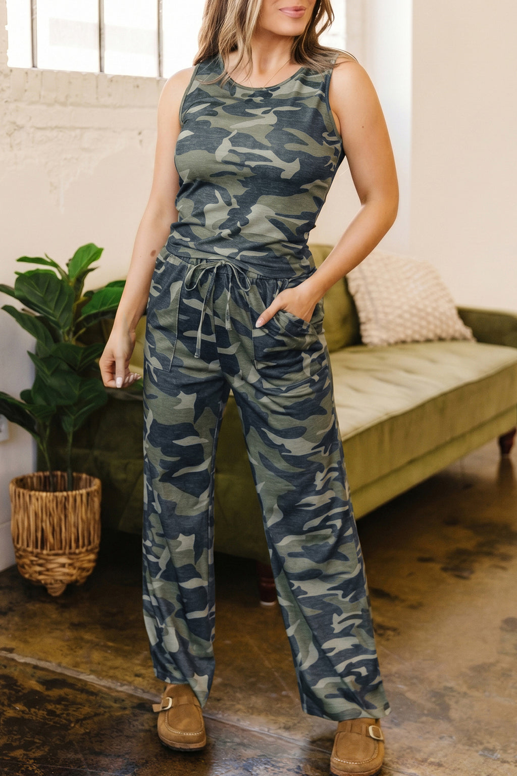 Green Camouflage Print Slim Tank Drawstring Pant Set