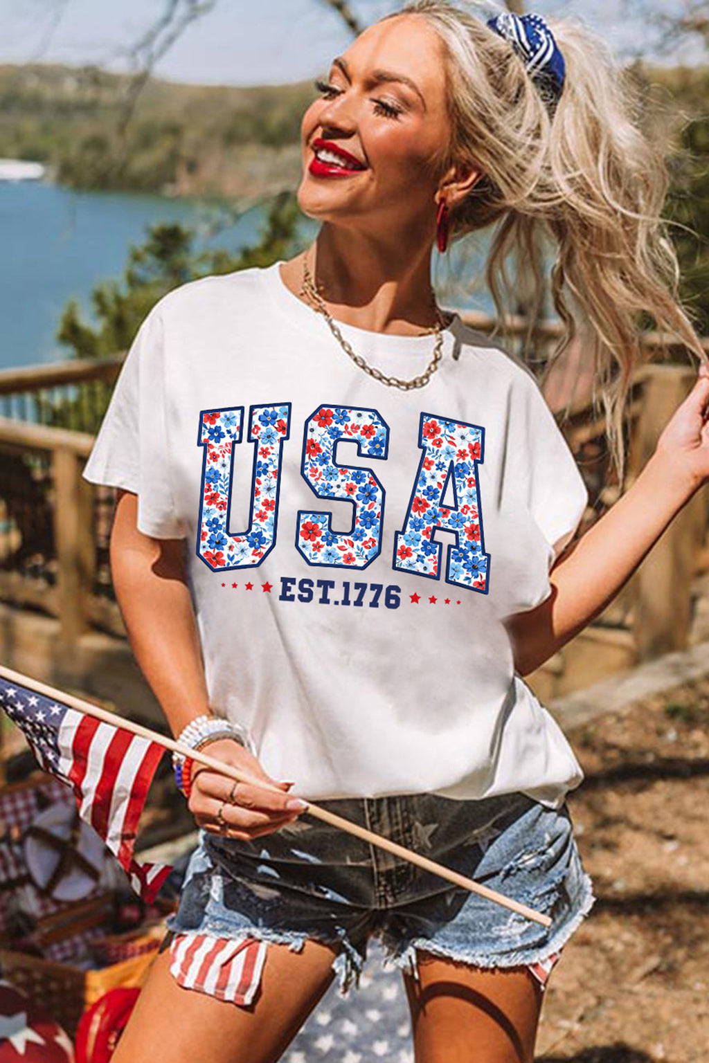 White USA Floral Print EST 1776 Patriotic Graphic Tee