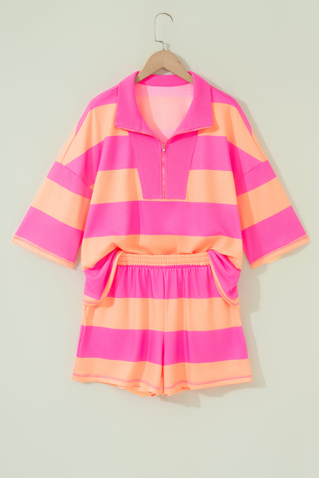 Pink Half Zipper Placket Bracelet Sleeve Top Casual Shorts Set