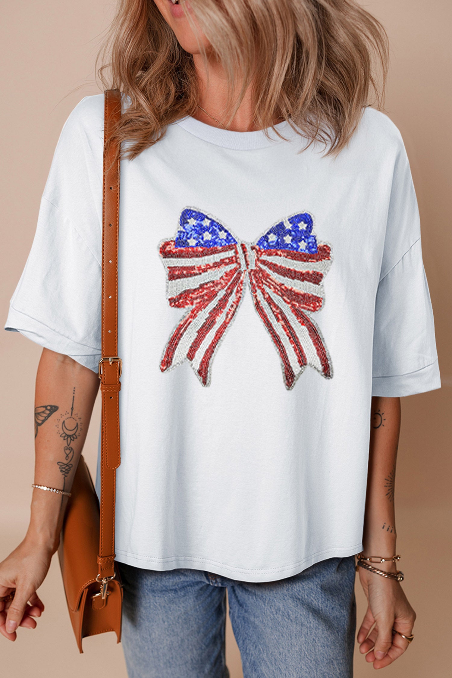 White Patriotic Sequin Bow Graphic Oversized Tee