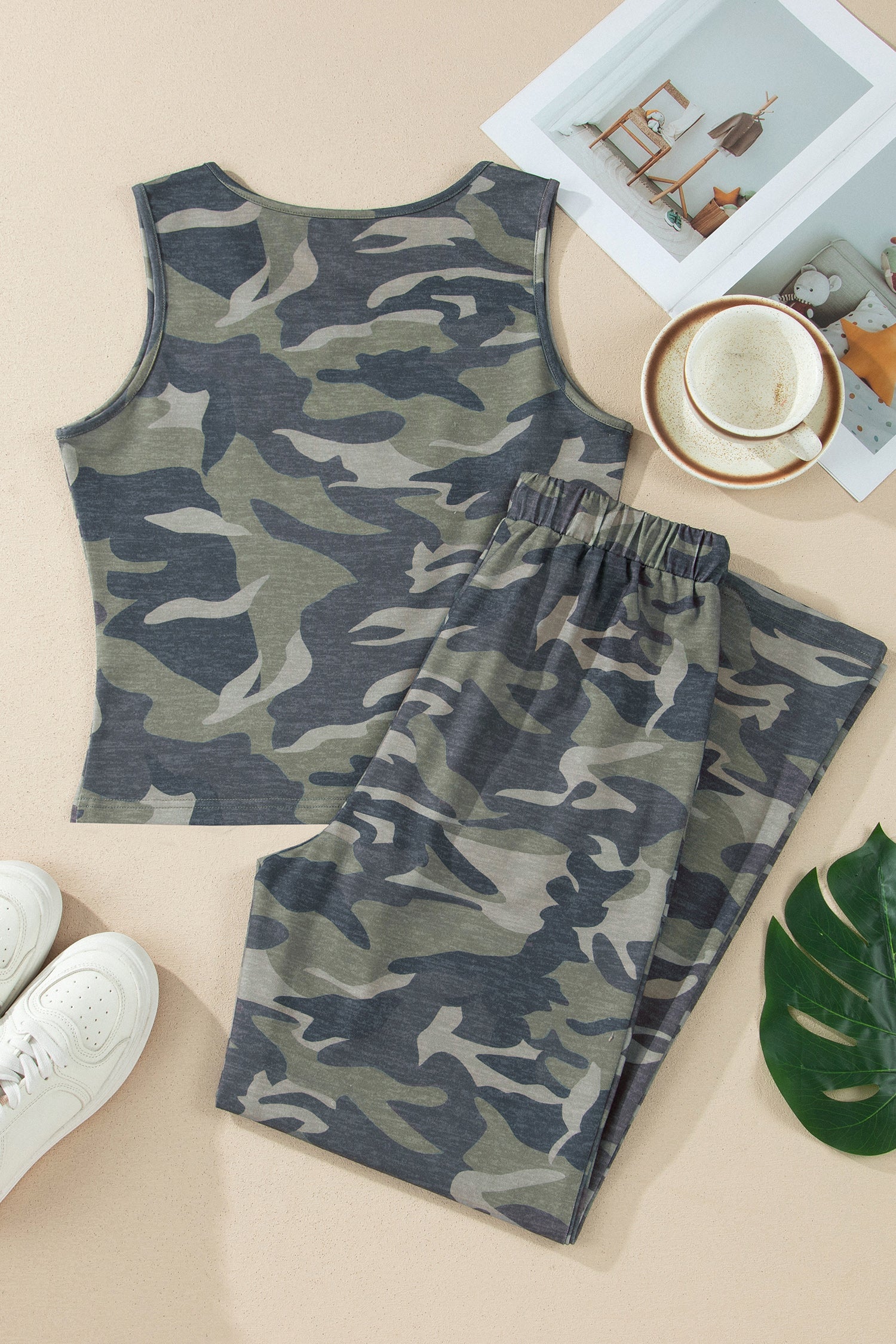 Green Camouflage Print Slim Tank Drawstring Pant Set