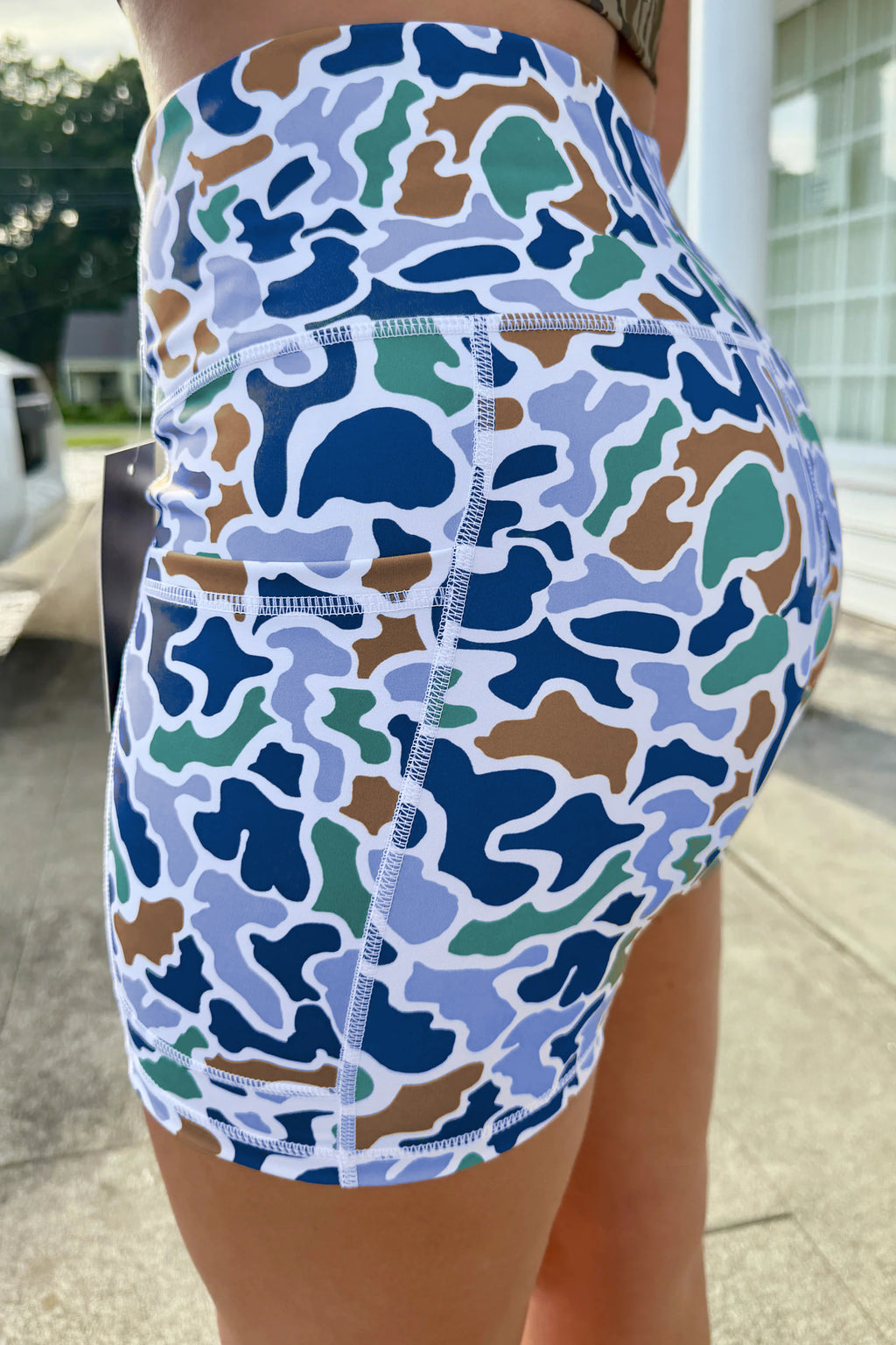 Blue Abstract Camo Printed Seam Detail Biker Shorts