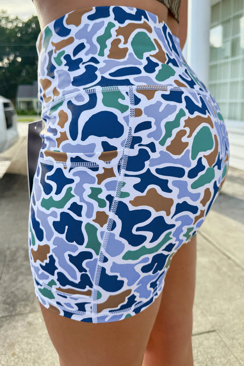 Blue Abstract Camo Printed Seam Detail Biker Shorts