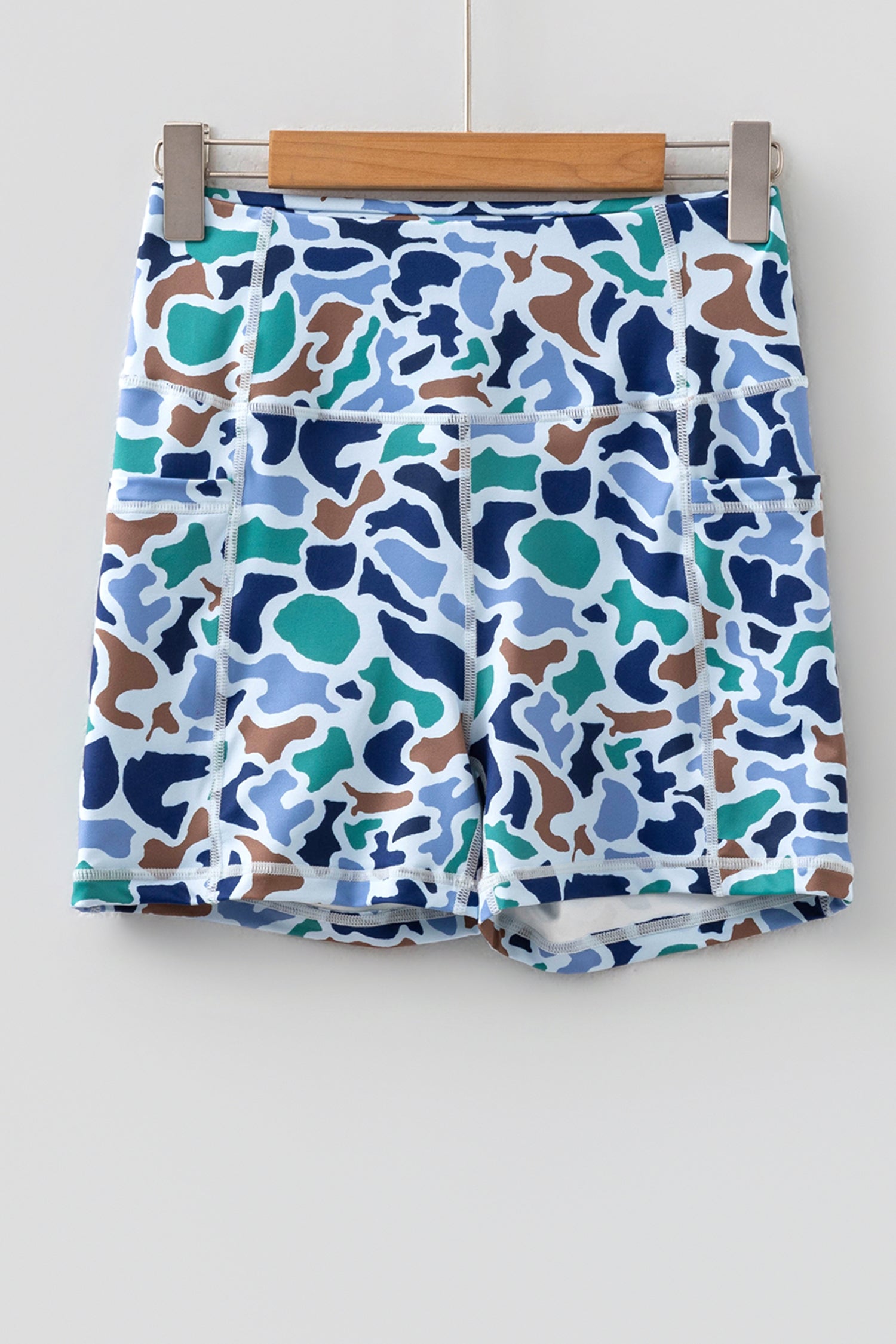 Blue Abstract Camo Printed Seam Detail Biker Shorts