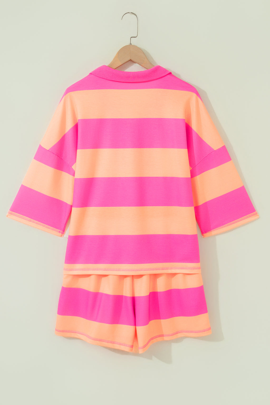 Pink Half Zipper Placket Bracelet Sleeve Top Casual Shorts Set