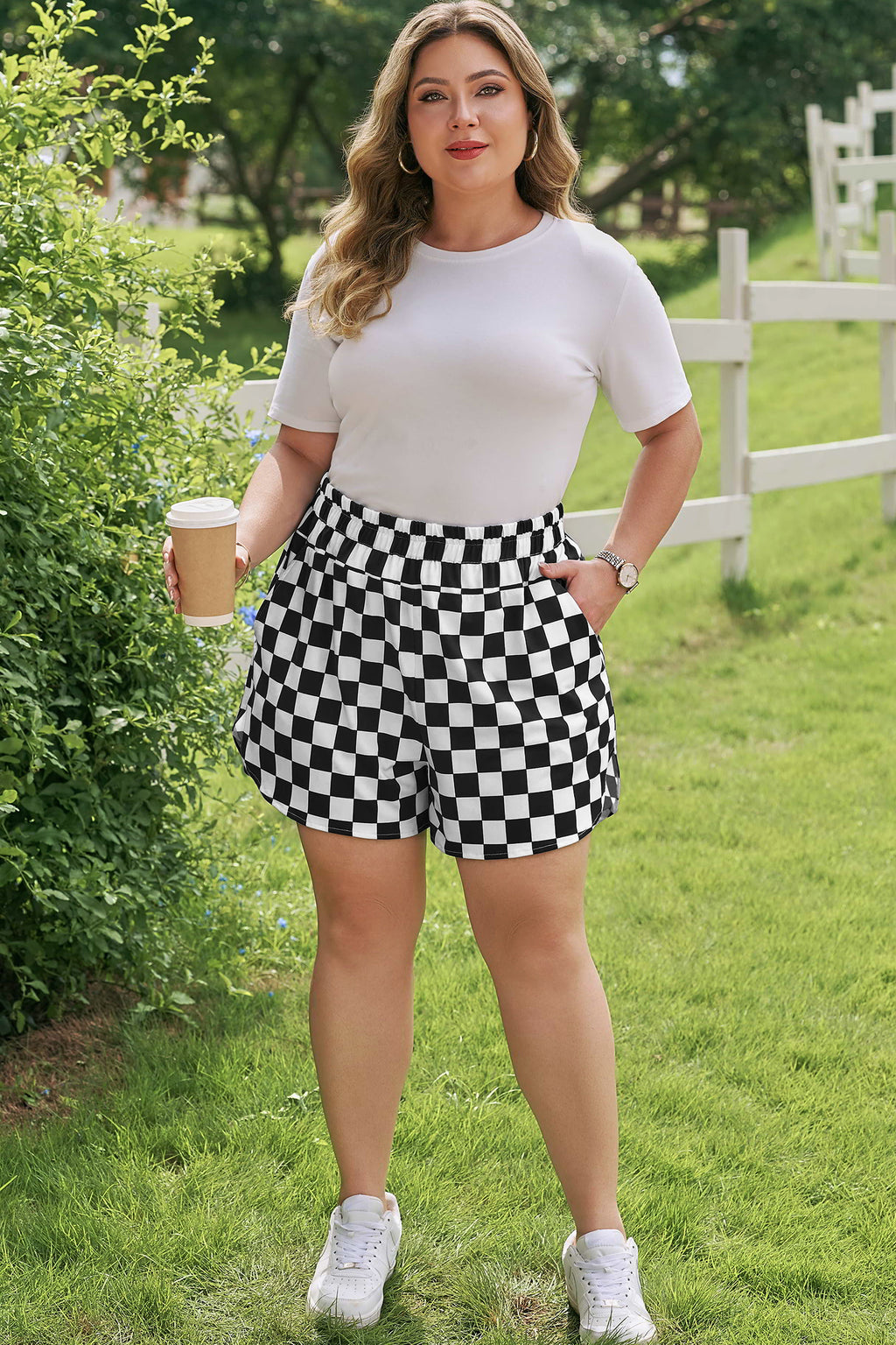 Black Plus Size Checkered Athleisure Shorts
