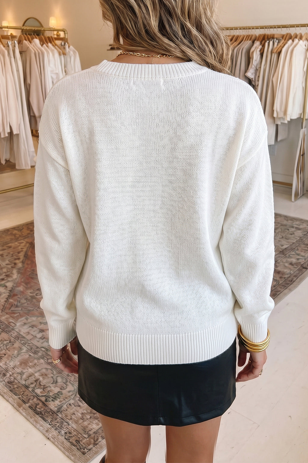 White Drop Shoulder Round Neck Long Sleeve Pullover Sweater