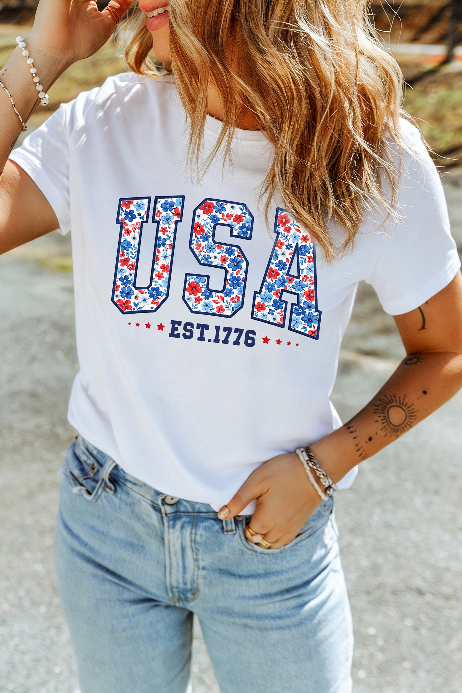 White USA Floral Print EST 1776 Patriotic Graphic Tee