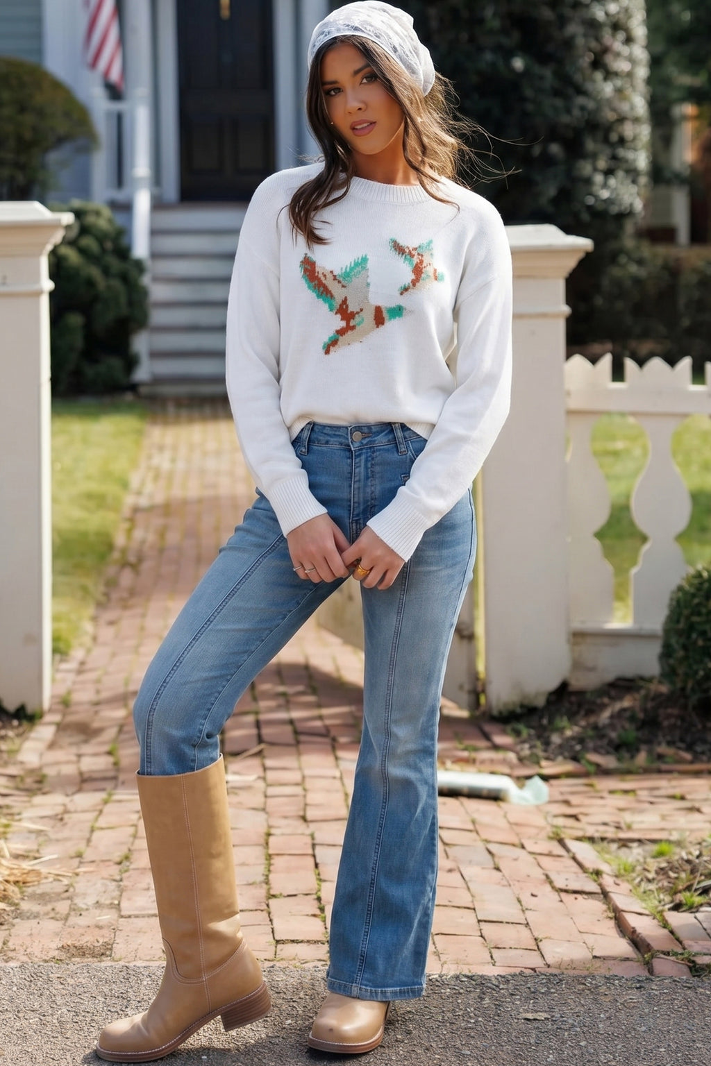 White Drop Shoulder Round Neck Long Sleeve Pullover Sweater