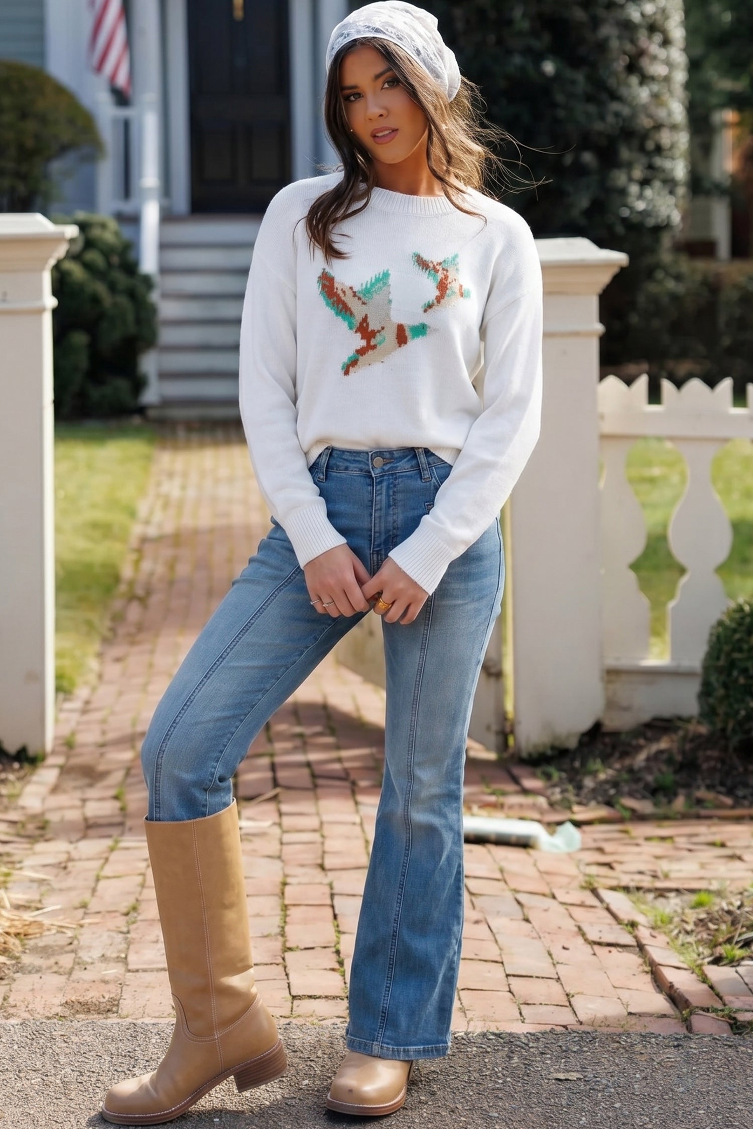 White Drop Shoulder Round Neck Long Sleeve Pullover Sweater