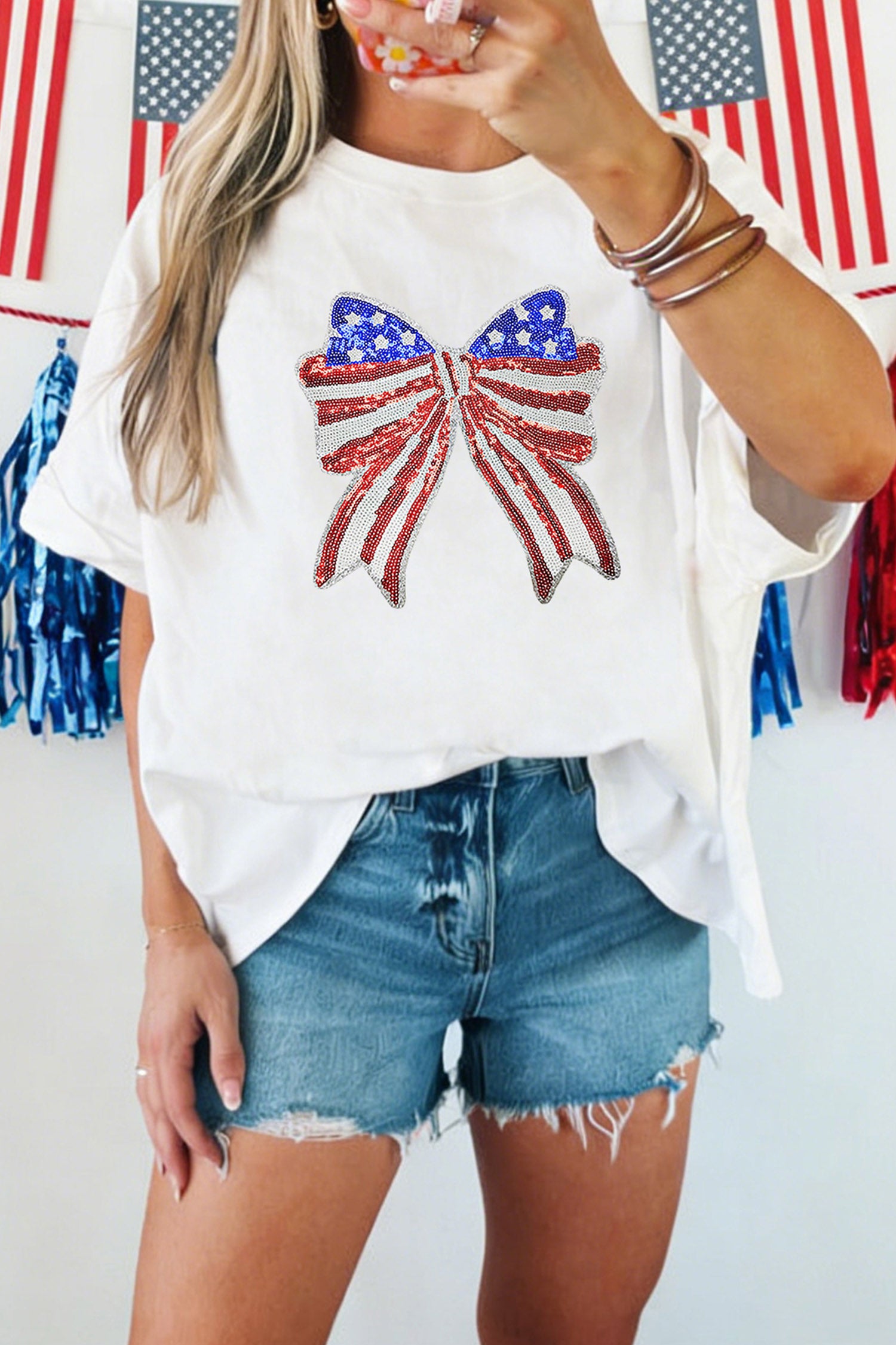 White Patriotic Sequin Bow Graphic Oversized Tee