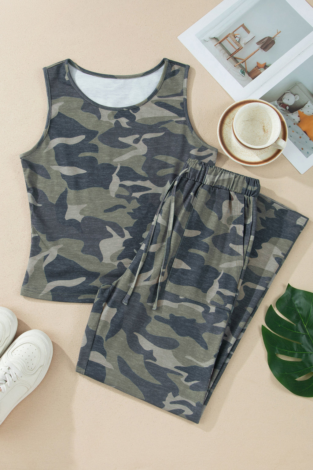 Green Camouflage Print Slim Tank Drawstring Pant Set