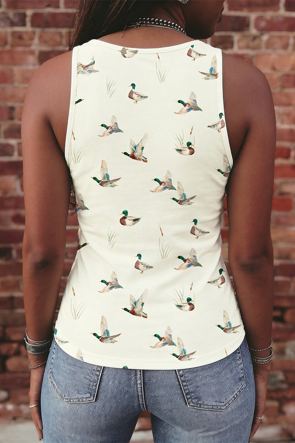 Beige Mallard Print Western Style Tank Top