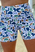 Blue Abstract Camo Printed Seam Detail Biker Shorts