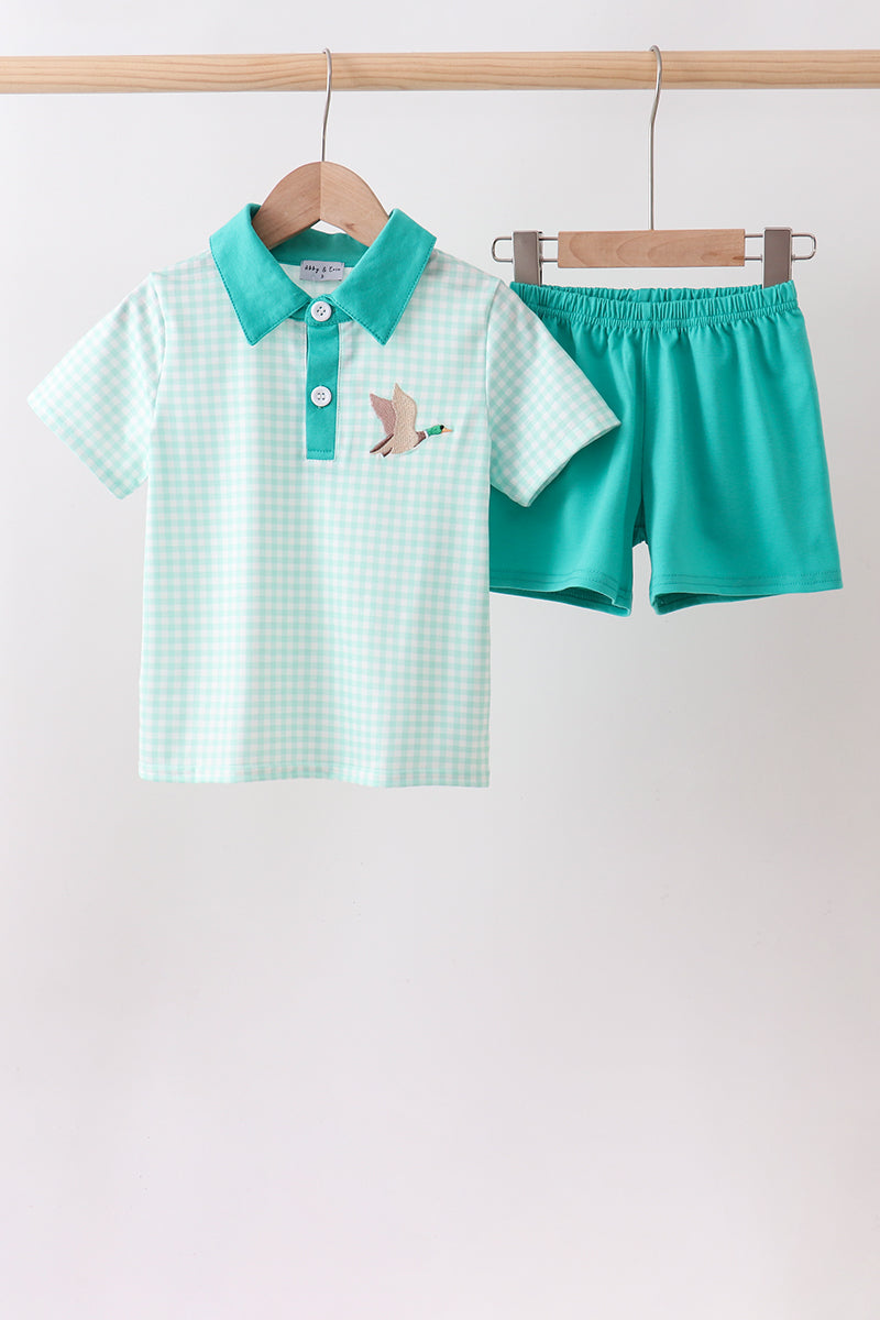 Green Mallard Plaid Embroidered Set