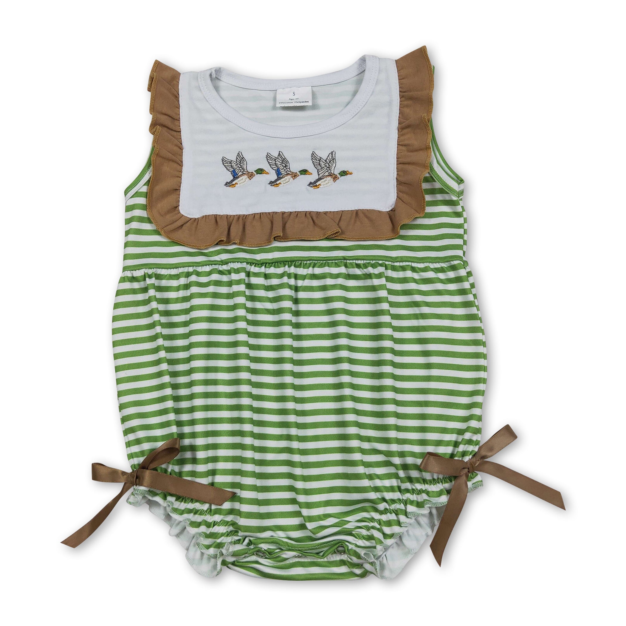 Sleeveless duck embroidery stripe baby girls romper