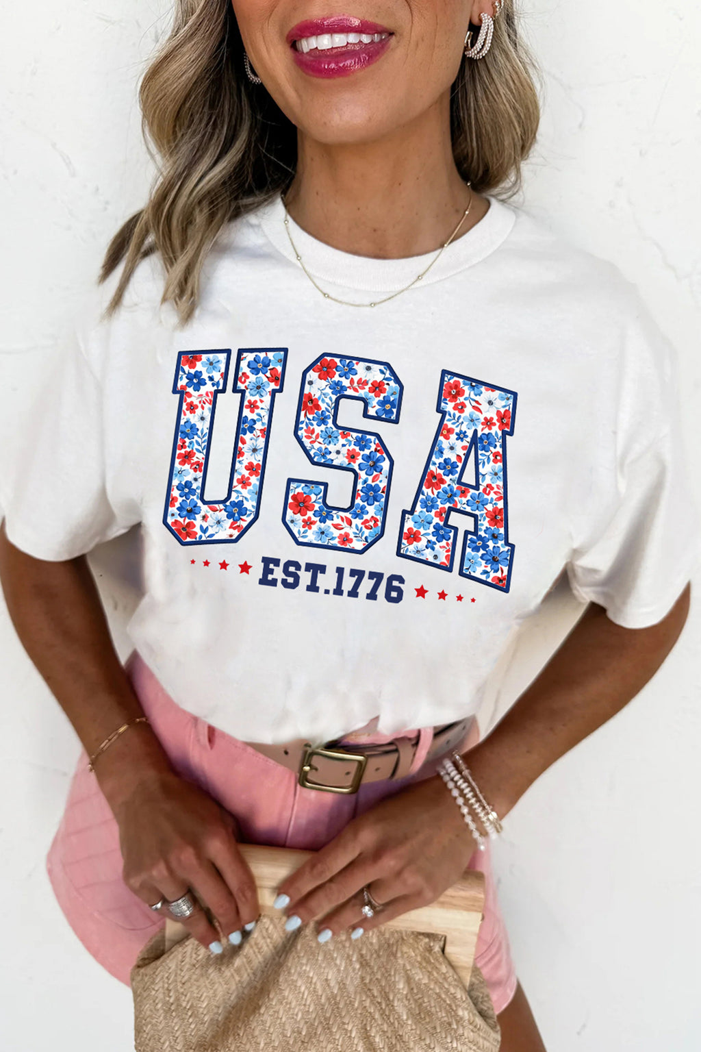 White USA Floral Print EST 1776 Patriotic Graphic Tee