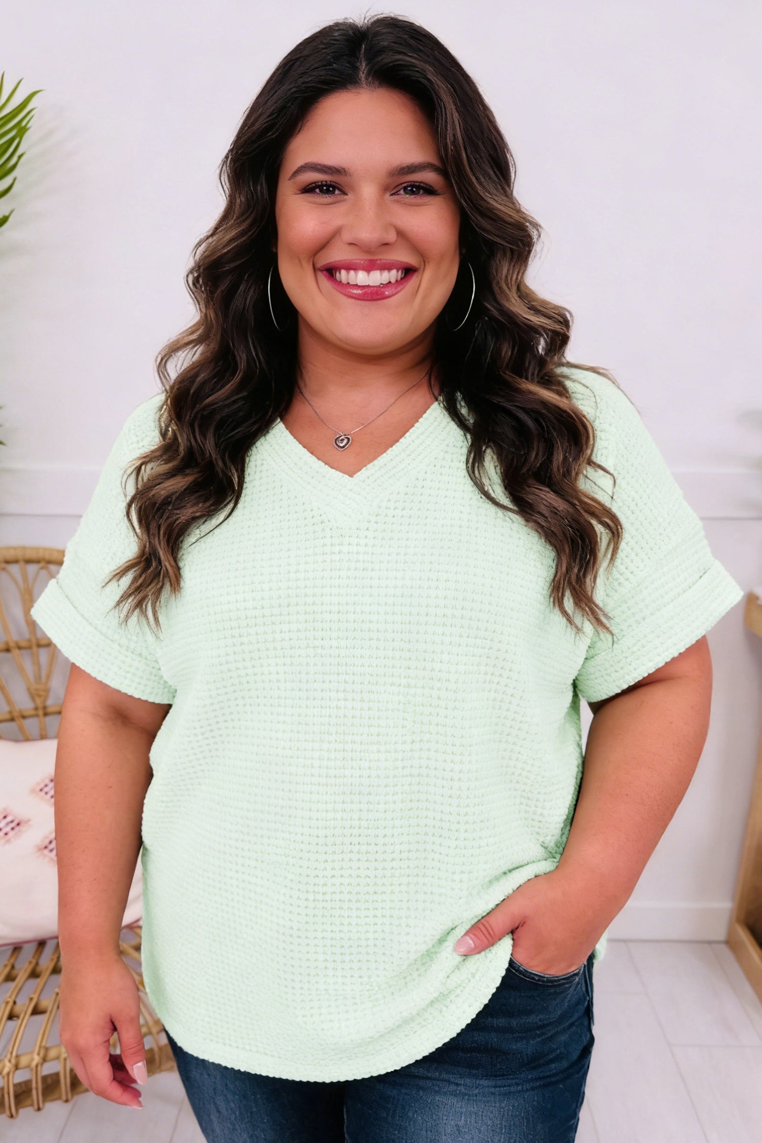 Clearly Aqua V Neck Short Sleeve Plus Size Waffle Knit Top