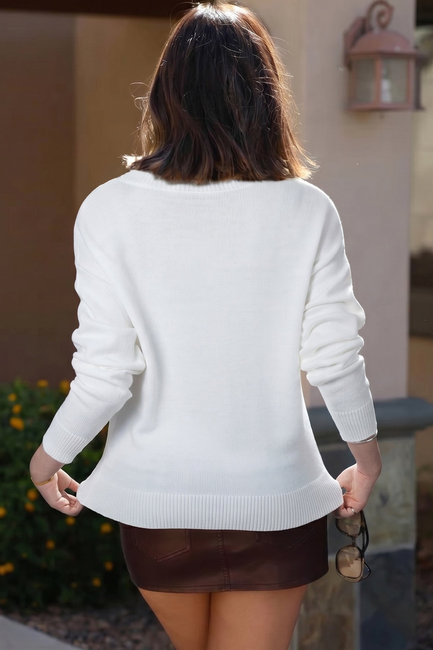 White Drop Shoulder Round Neck Long Sleeve Pullover Sweater