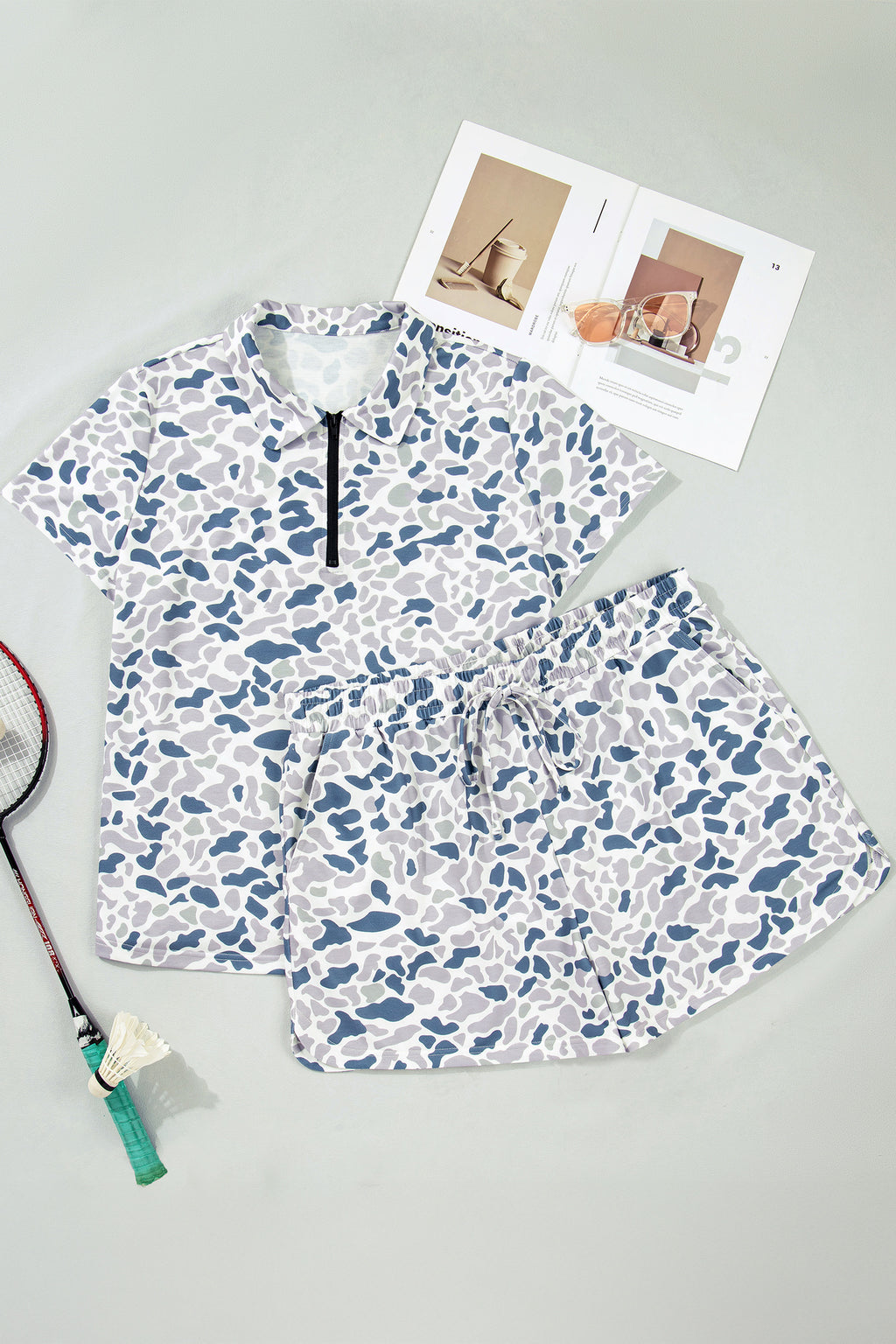 Multicolour Zip up Tee and Short Plus Size Camo Set