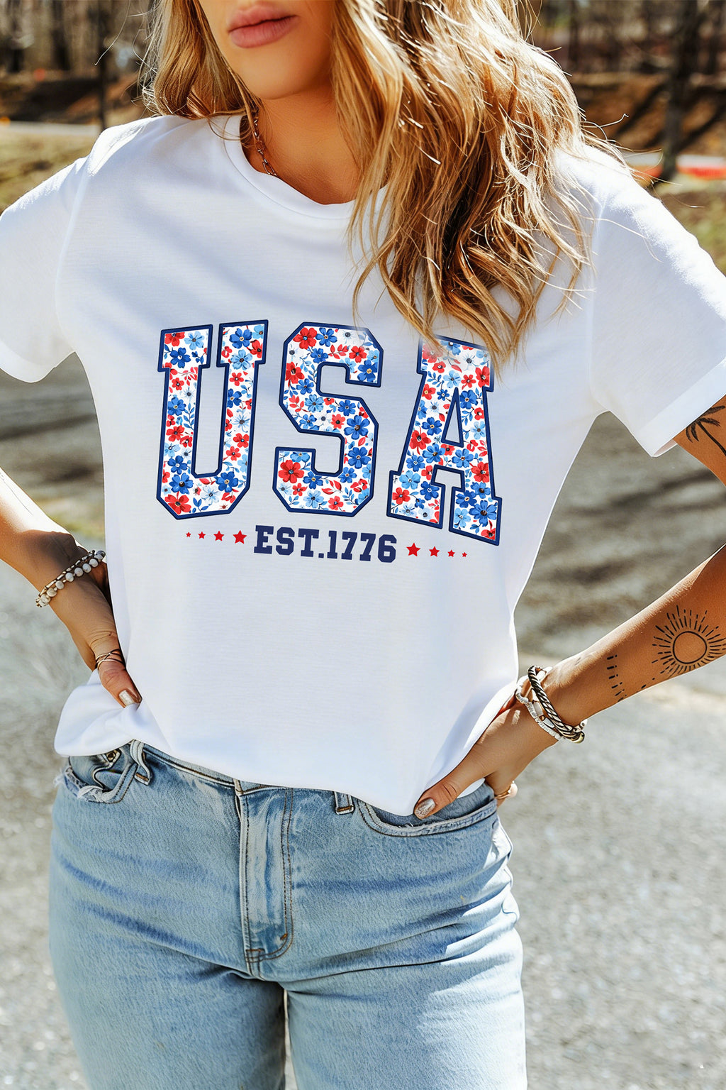 White USA Floral Print EST 1776 Patriotic Graphic Tee