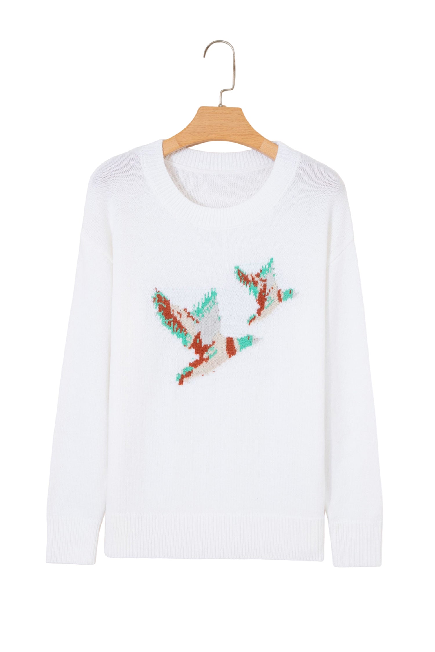 White Drop Shoulder Round Neck Long Sleeve Pullover Sweater